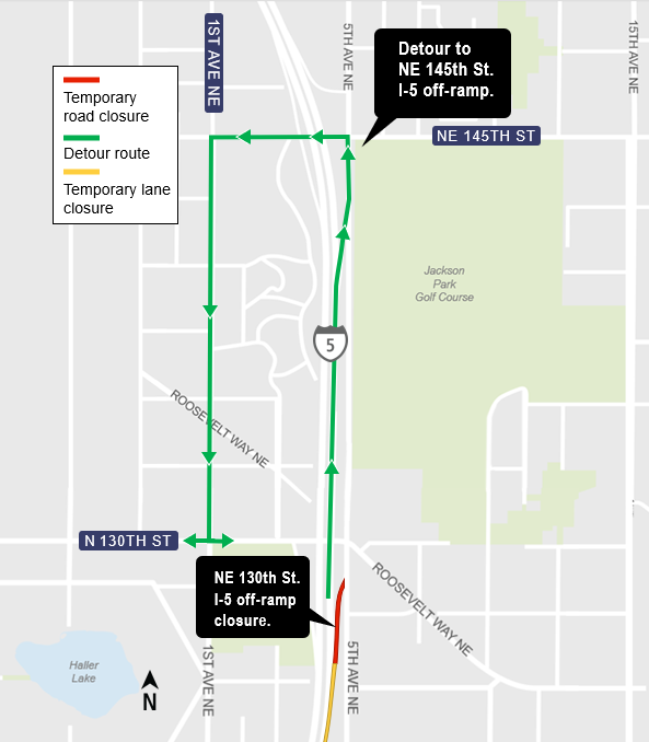 Detour route via northbound I-5 off-ramp at NE 145th St. 