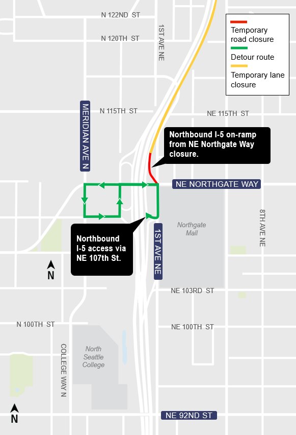 Detour route via northbound I-5 on-ramp at NE 107th St. 
