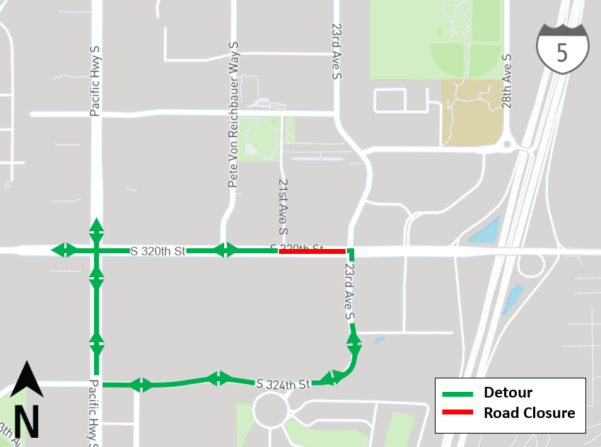 area map showing full closure of South 320th Street between 21st and 23rd avenues and detour