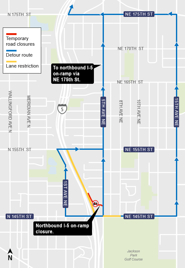 area map showing nightly closures of 5th Ave NE, northbound I-5 on-ramp, and lane restrictions on NE 145th St.