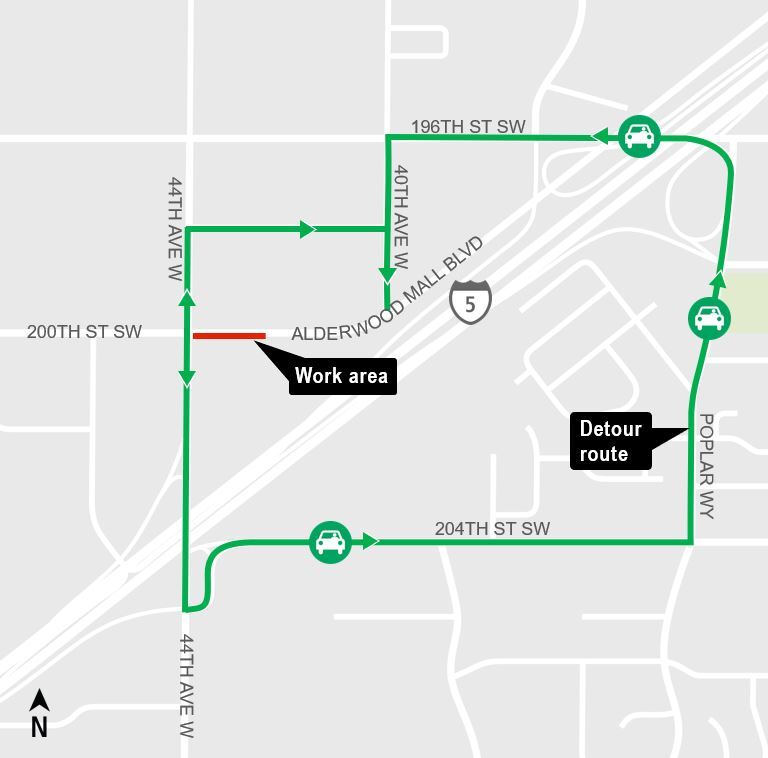 area map showing traffic impact of closure of eastbound Alderwood Mall Blvd and detours.