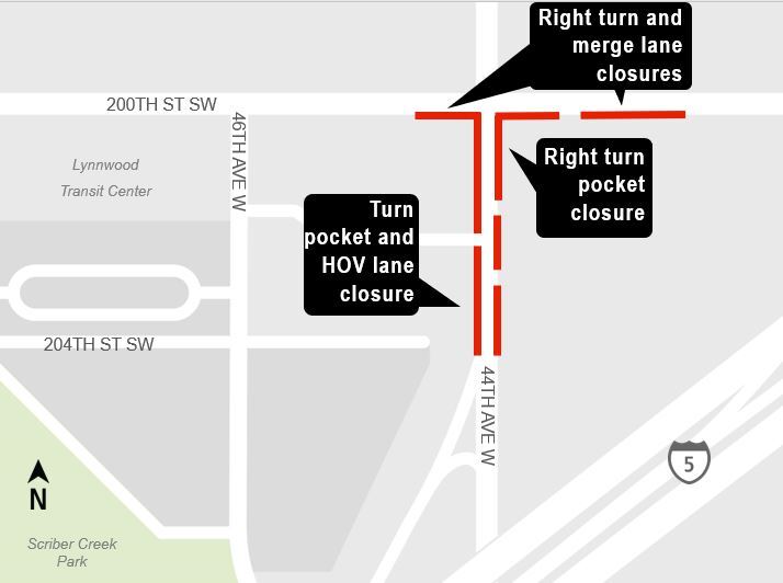 area map showing right-lane closures on 44th Ave West in Lynnwood, WA. 