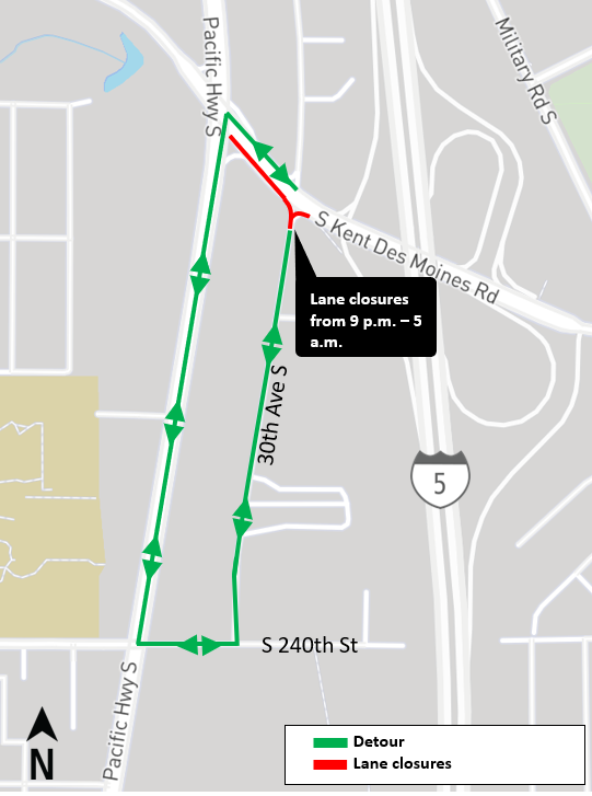 area map showing Overnight lane closures on SR 516 at 30th Avenue South in Federal Way, Washington