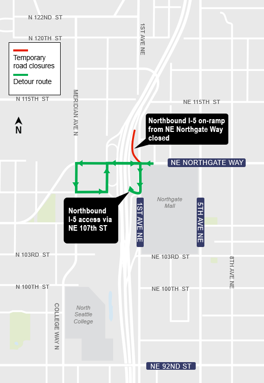 area map showing detour route via northbound I-5 on-ramp at NE 107th Street due to construction in Lynnwood 