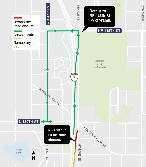 area map showing detour route via northbound I-5 off-ramp at NE 145th Street due to construction activities of Lynnwood Link Extension