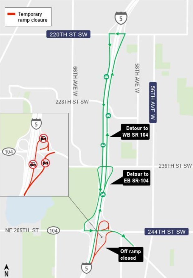 area map showing Detour route via northbound I-5 off-ramp at 236th St SW and 220th St SW. 