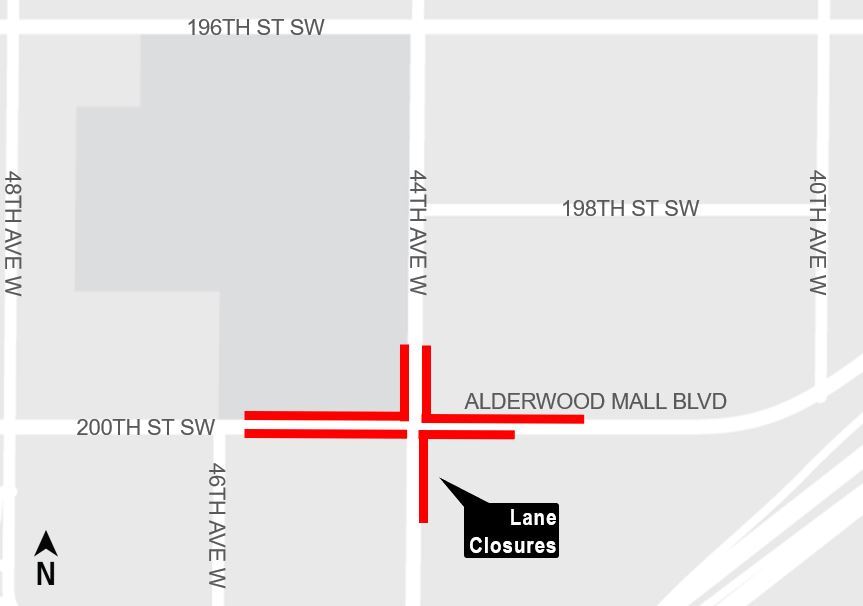 area map showing Alderwood Mall Blvd lane closures in Lynnwood area