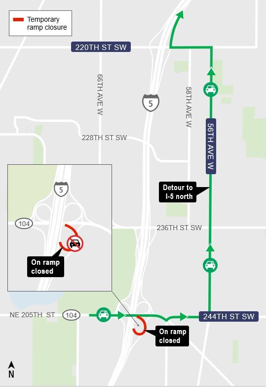 area map showing Closure of on-ramp from eastbound SR 104 to I-5 and detours in Shoreline area. 