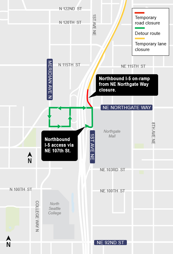 area map showing detour route via northbound I-5 on-ramp at NE 107th Street due to construction near Northeast Northgate way area