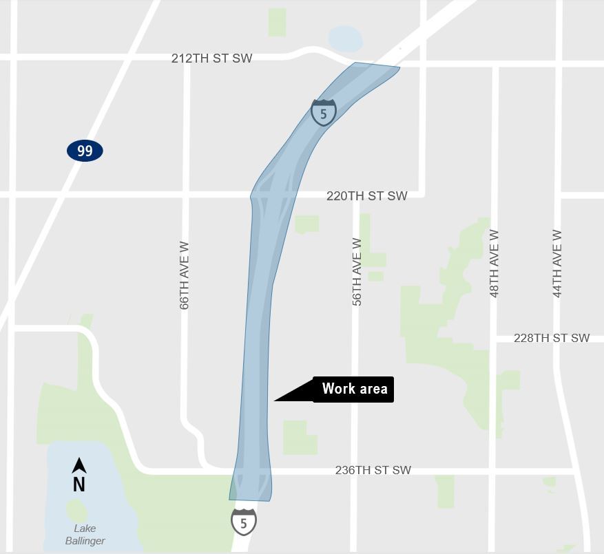 area map showing the night work area along I-5 in Mountlake Terrace
