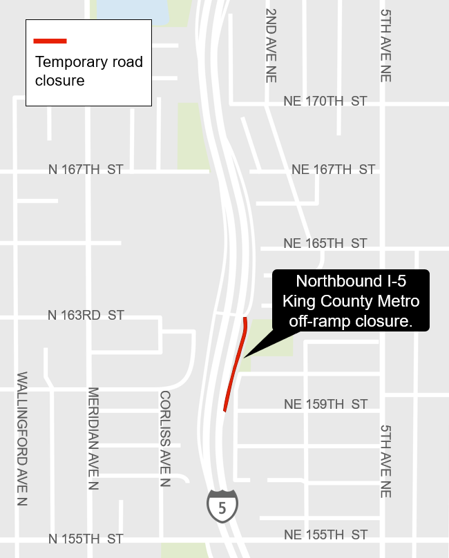 area map showing traffic impacts of night closure of northbound I-5 King County Metro off-ramp in Shoreline
