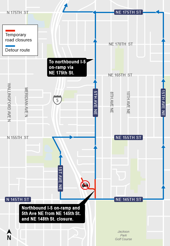 area map of Night closure of 5th Ave NE from NE 145th St to NE 148th St, northbound I-5 on-ramp in Shoreline area