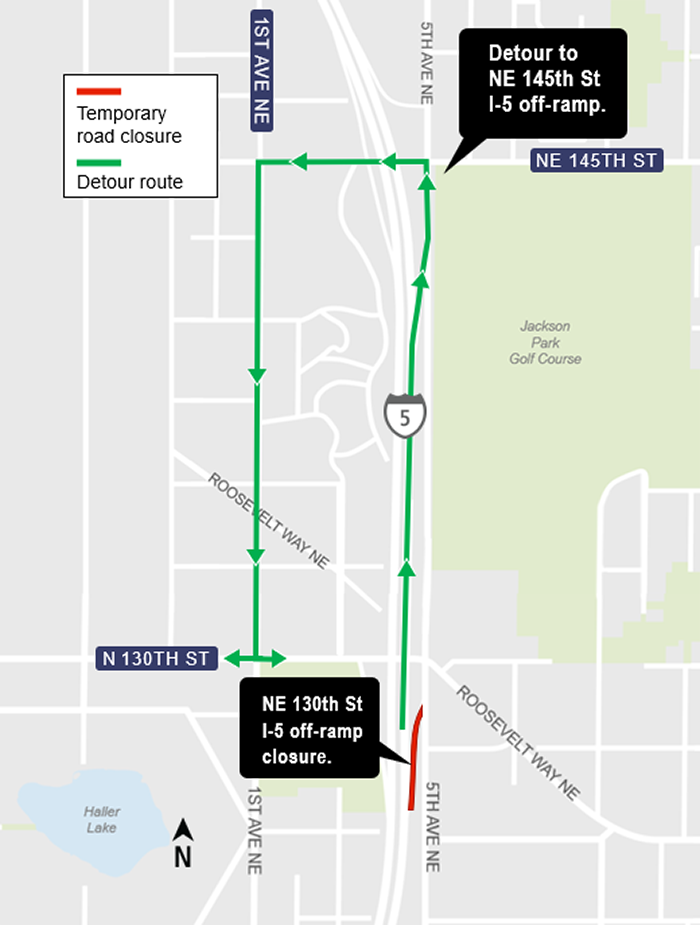 area map showing traffic impacts of Nightly closure of northbound I-5 off-ramp to NE 130th St in Shoreline