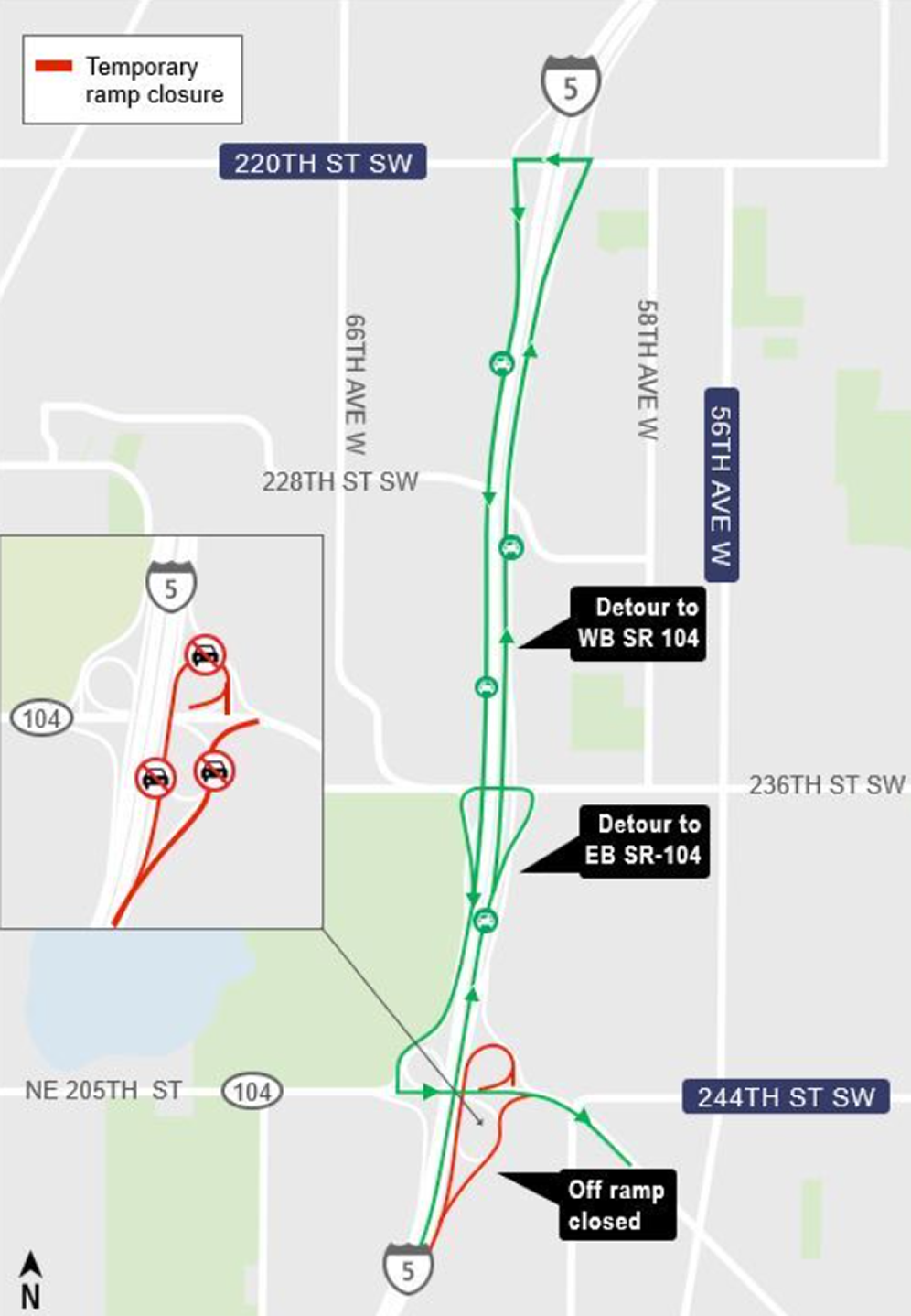 area map showing traffic impacts of Northbound I-5 off-ramp to SR-104 closure and detour in Shoreline.