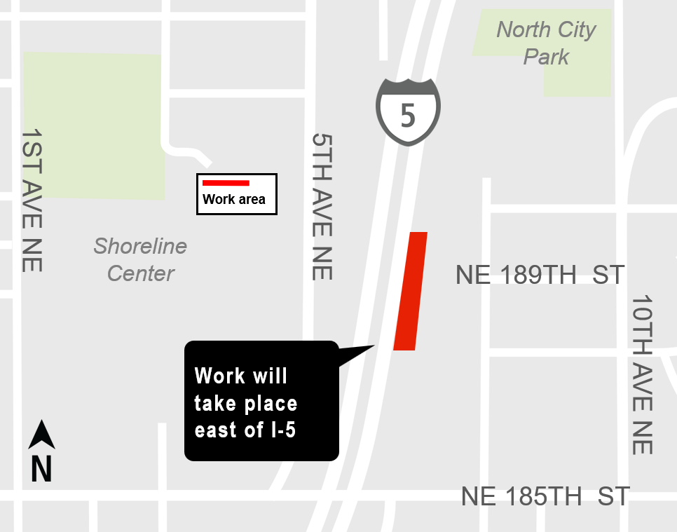 area map showing traffic impacts of construction work area at northbound I-5 at NE 189th St in Shoreline.  