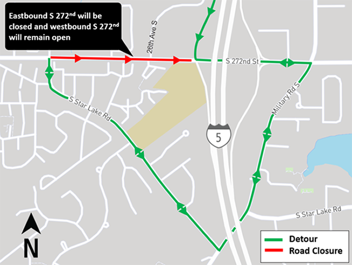 area map showing Overnight eastbound closure of S 272nd Street in Federal Way