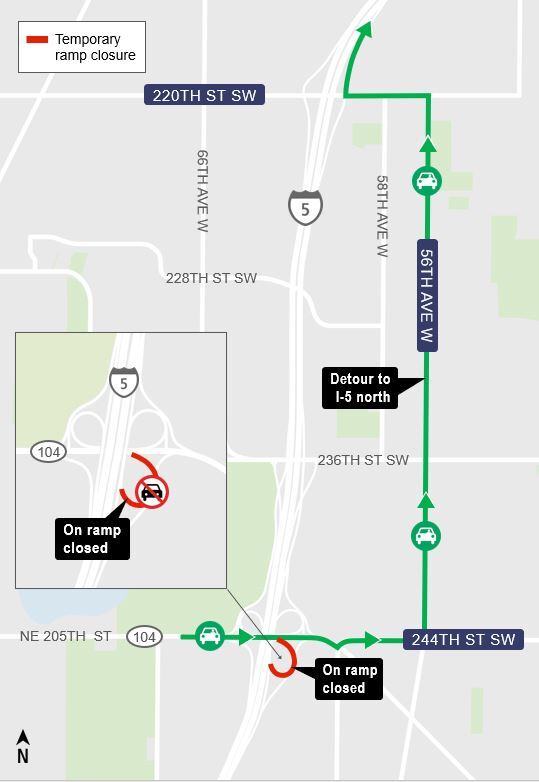 Closure of on-ramp from eastbound SR 104 to I-5 and detours.
