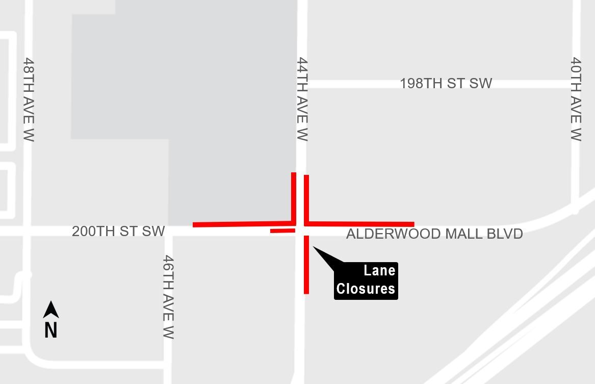 area map showing  44th Avenue West and 200th Street Southwest lane closures near Lynnwood City Center Stattion 