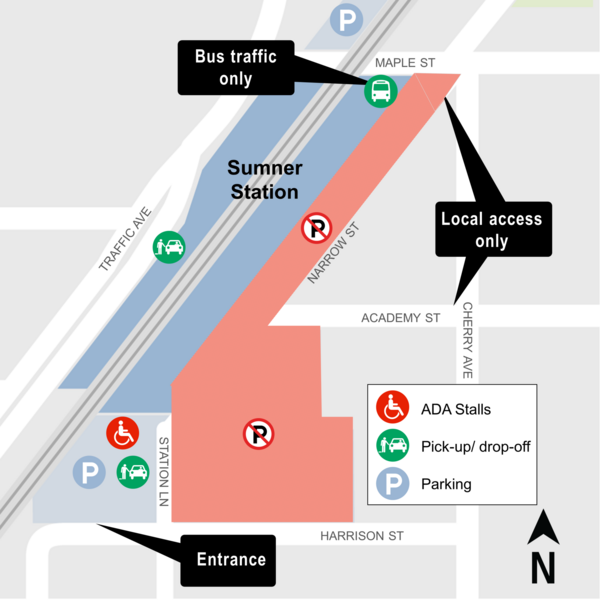 area Map showing Sumner Station parking closure, location of ADA stalls and pick-up/ drop-off locations