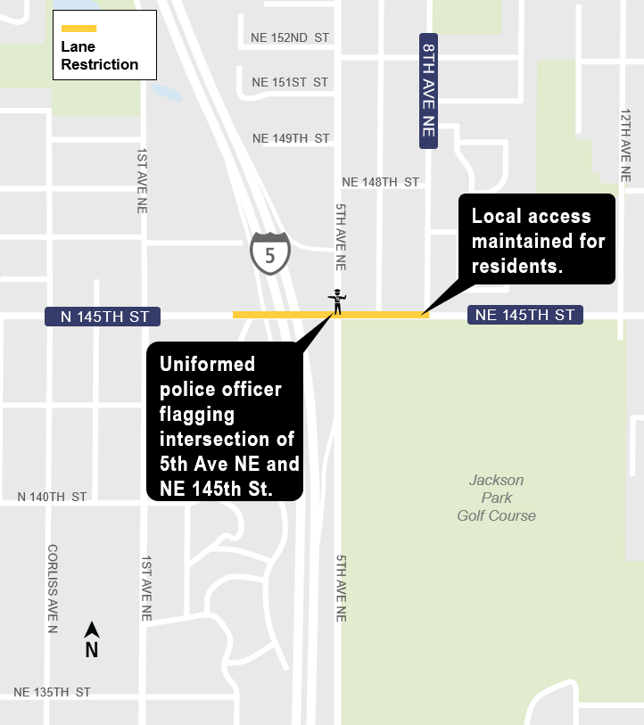 area map showing construction impacts of eastbound and westbound lane restriction on NE 145th Street in Shoreline.