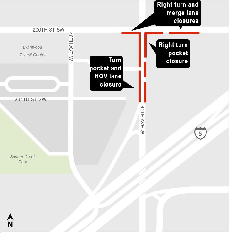 area map showing traffic impact from daytime lane closures on 44th Avenue West, south of 200th Street Southwest near Lynnwood City Center area.
