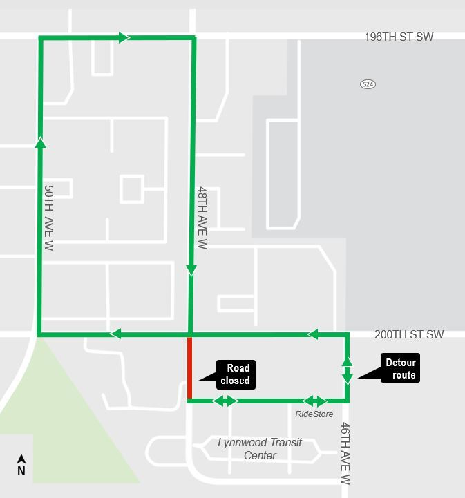 area map showing full closure of 48th Avenue West and detour near Lynnwood City Center Station