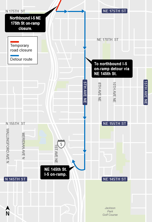 area map showing traffic impact from closure of northbound I-5 on-ramp from Northeast 175th Street in Shoreline. 