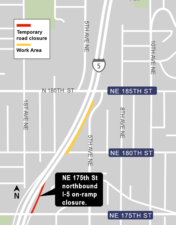 area map showing work area and northbound I-5 on-ramp closure in Shoreline 