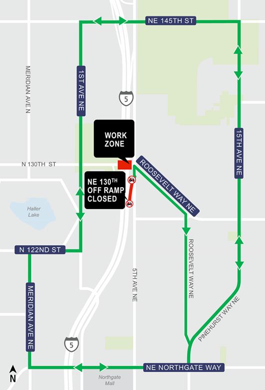 area map showing traffic detour from closure of eastbound and westbound Northeast 13oth Street at 5th Avenue Northeast in Shoreline