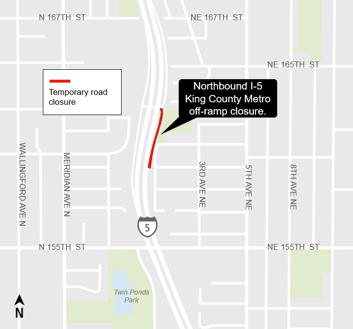 area map showing traffic impact from Northbound I-5 King County Metro off-ramp closure in Shoreline