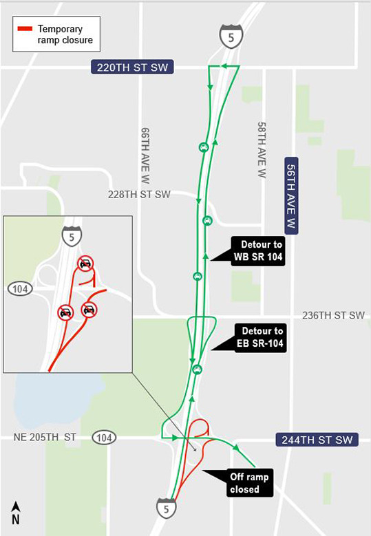 area map showing traffic impact from closure of eastbound SR 104 and westbound SR 104 and detour route in Shoreline