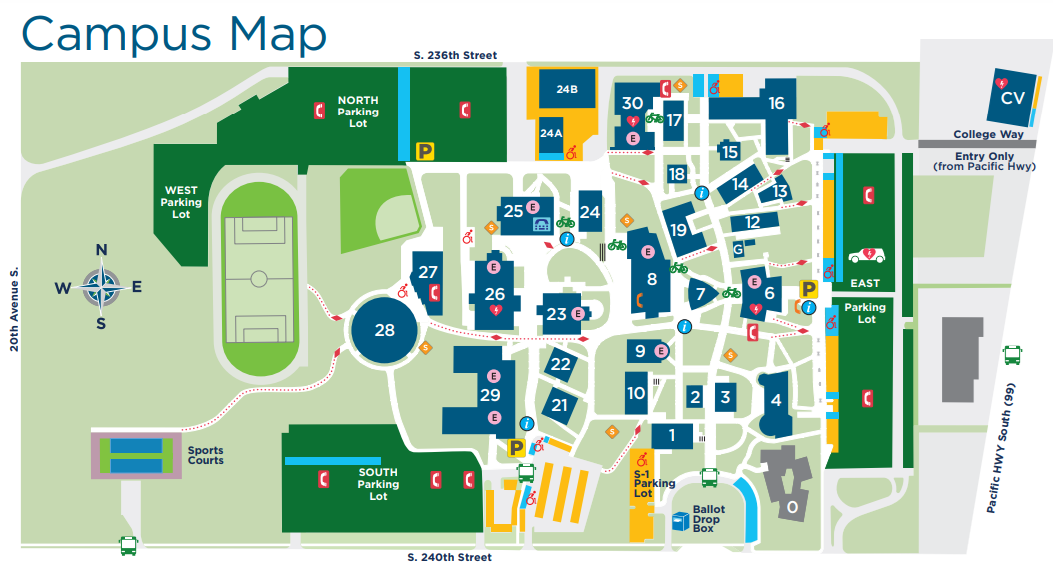Highline Community College campus map showing layout of campus buildings