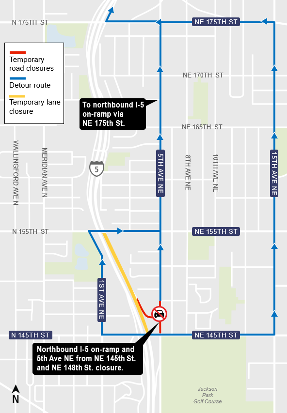 area map showing detour route via northbound I-5 on-ramp at Northeast 175th Street due to night closure of northbound I-5 on-ramp and right lane