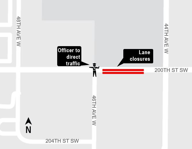 area map showing center lane closure on 200th Street Southwest in Lynnwood City Center area