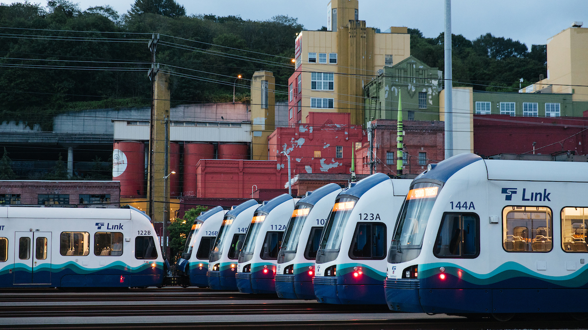 Photo of Link Light Rail vehicles at an Operations and Maintenance Facility