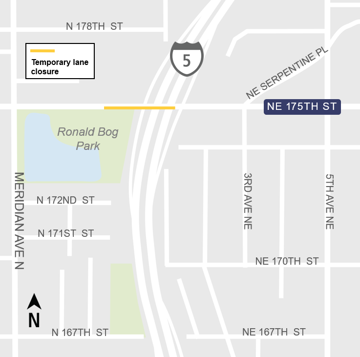 area map showing temporary right lane closure of eastbound Northeast 175th Street in Shoreline. 