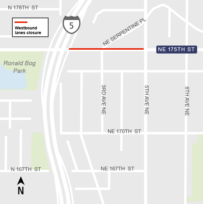 area map showing closure of westbound lanes of Northeast 175th Street in Shoreline