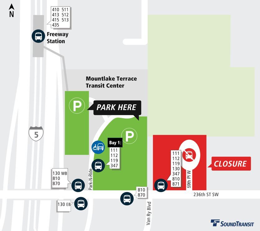 area map showing 59th Place W parking and bus bay relocation at Mountlake Terrace Station