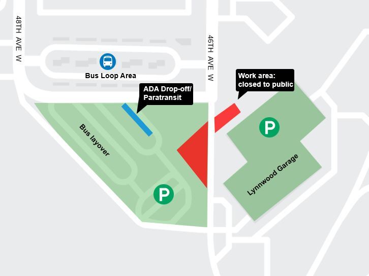 map image showing parking lot opening area shown in green and area still under construction shown in red at Lynnwood Transit Center