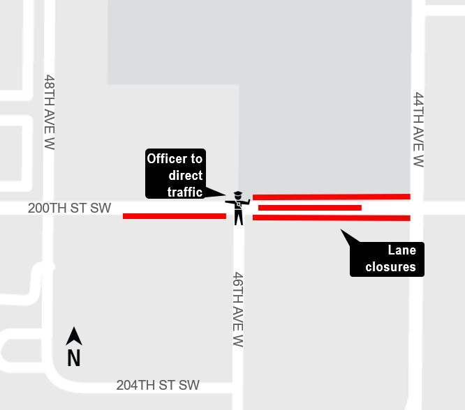 area map showing center lane closure on 200th Street Southwest near Lynnwood City Center area. 