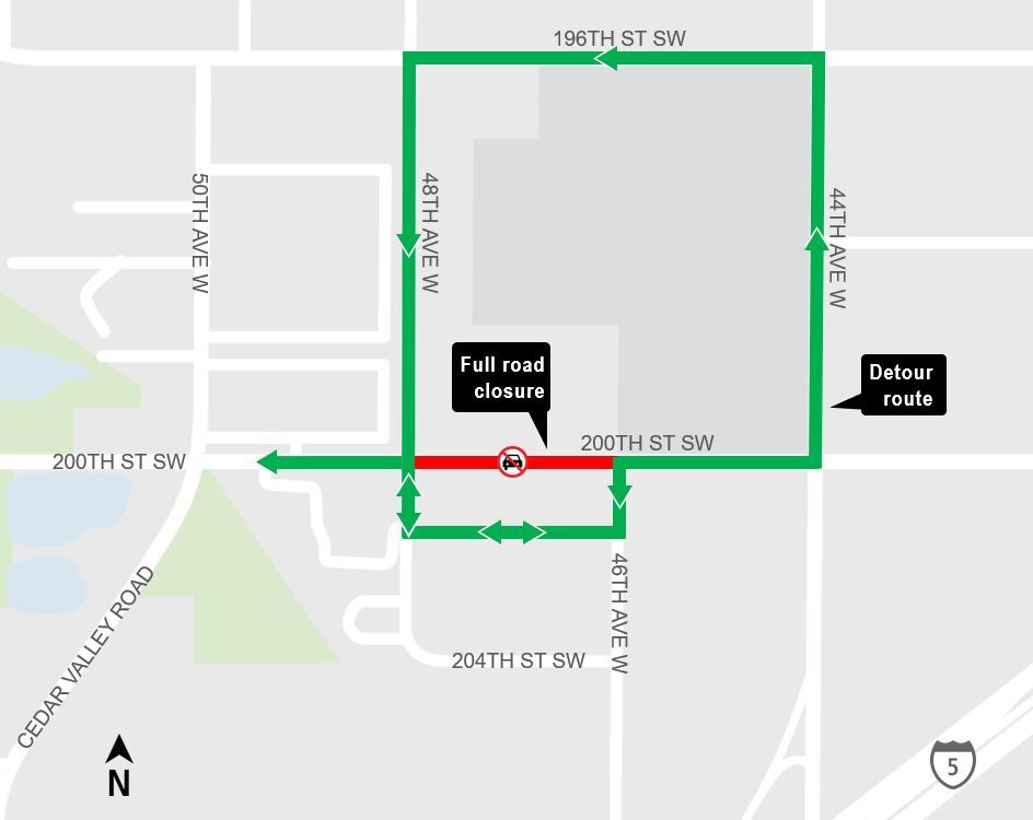 area map showing full closure of 200th Street Southwest and detour in Lynnwood City Center.