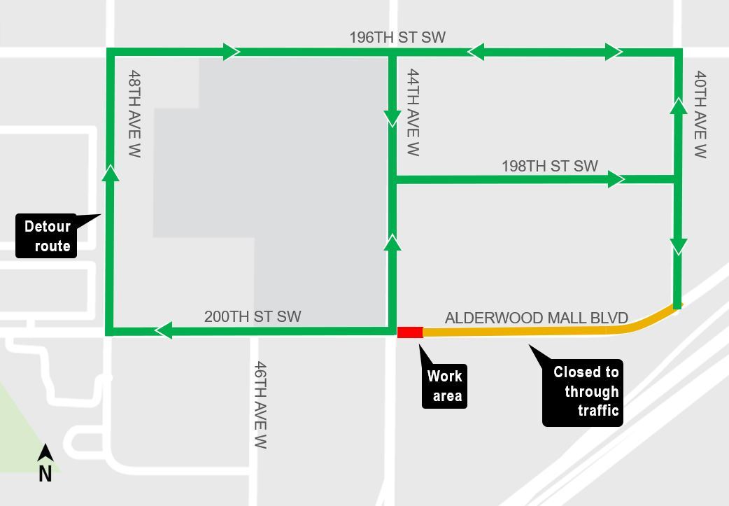 Closure of Alderwood Mall Blvd and detours.