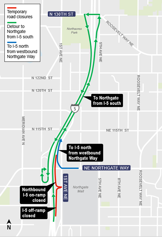 area map showing Northbound I-5 off-ramp detour via North 130th Street in Lynnwood