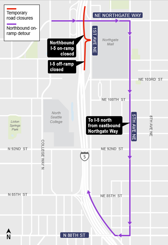 area map showing Northbound I-5 detour via N 80th St in Lynnwood