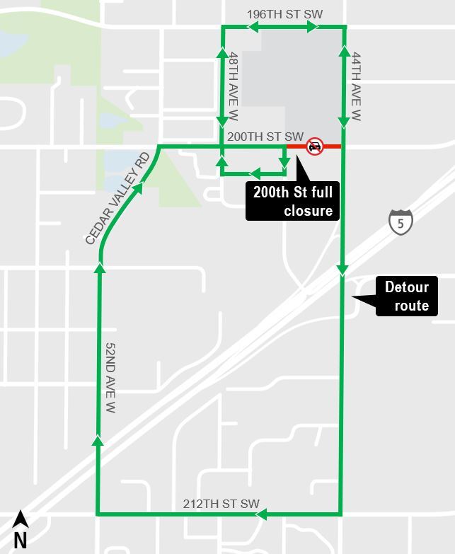 area map showing full closure of 200th Street Southwest and detour near Lynnwood City Center