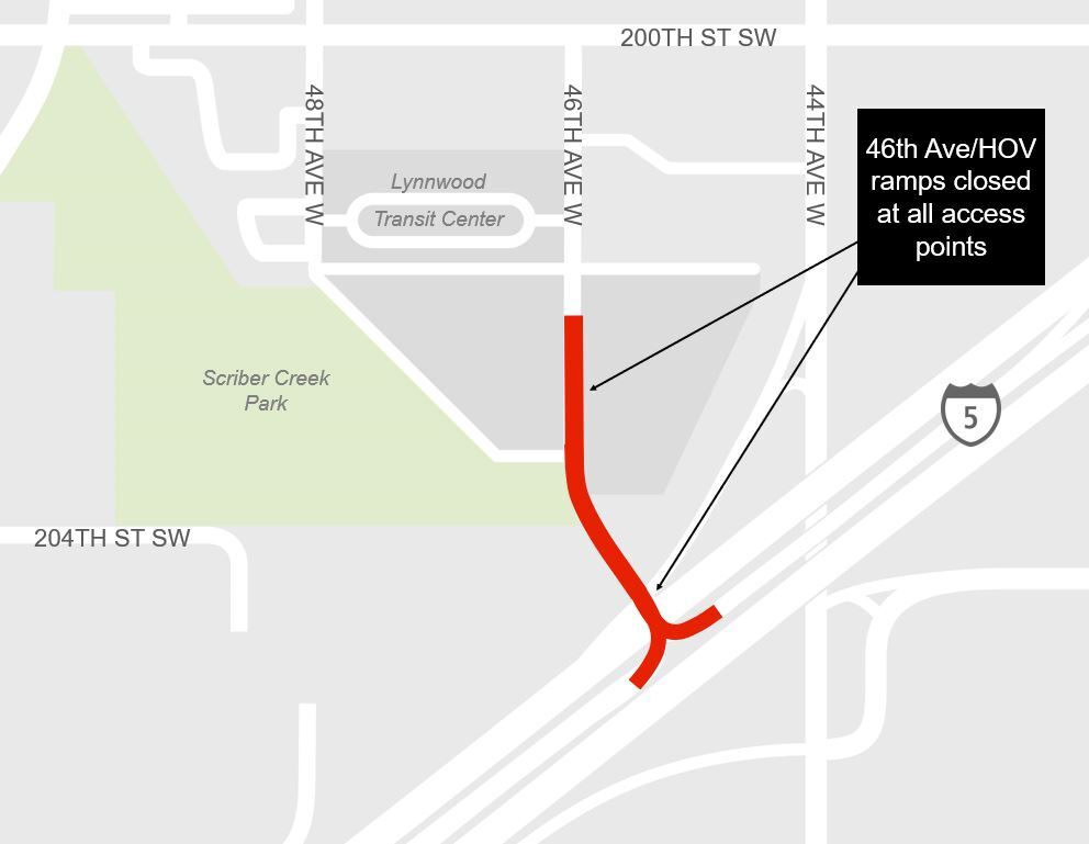 area map showing closure of 46th Avenue West and HOV ramps at Lynnwood Transit Center