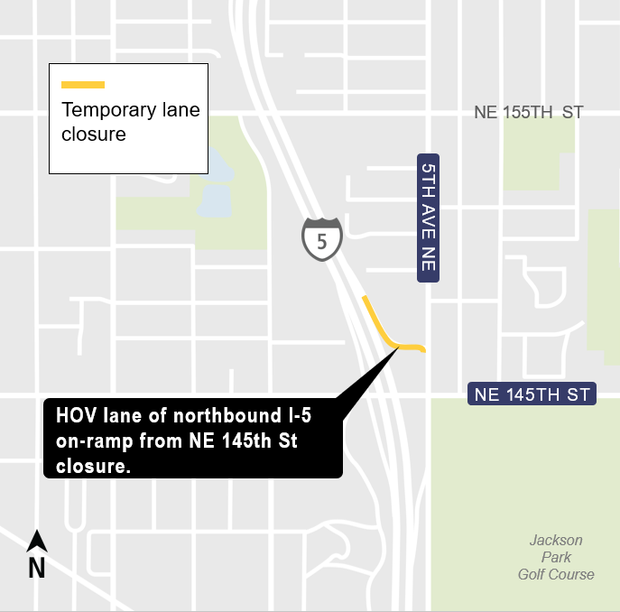 area map showing closure of HOV lane of northbound I-5 on-ramp from northeast 145th Street in Shoreline.