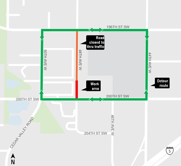 area map showing full closure of 48th Avenue West, north of 200th Street Southwest and detour near Lynnwood City Center.