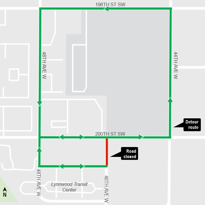 area map showing closure of 46th Avenue West and detours near Lynnwood City Center