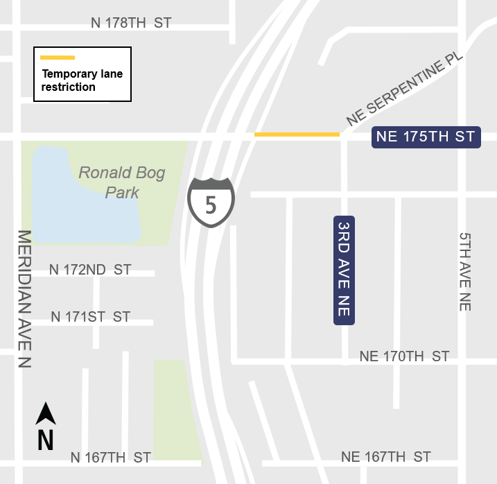 area map showing westbound NE 175th St lane restriction in Shoreline